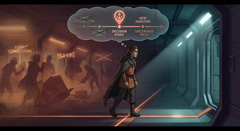 Person standing at temporal boundary with faded past and clear future