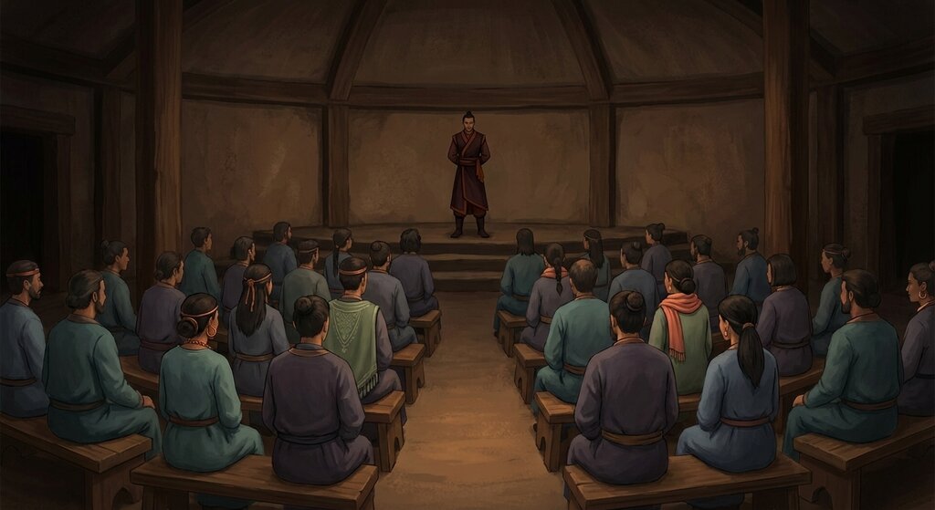 Isolated communal living with leader oversight