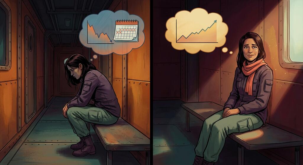 Woman experiencing emotional recovery over time with thought bubble showing mood curve