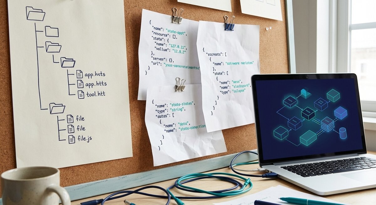 Architecture desk with JSON sheets and state blocks