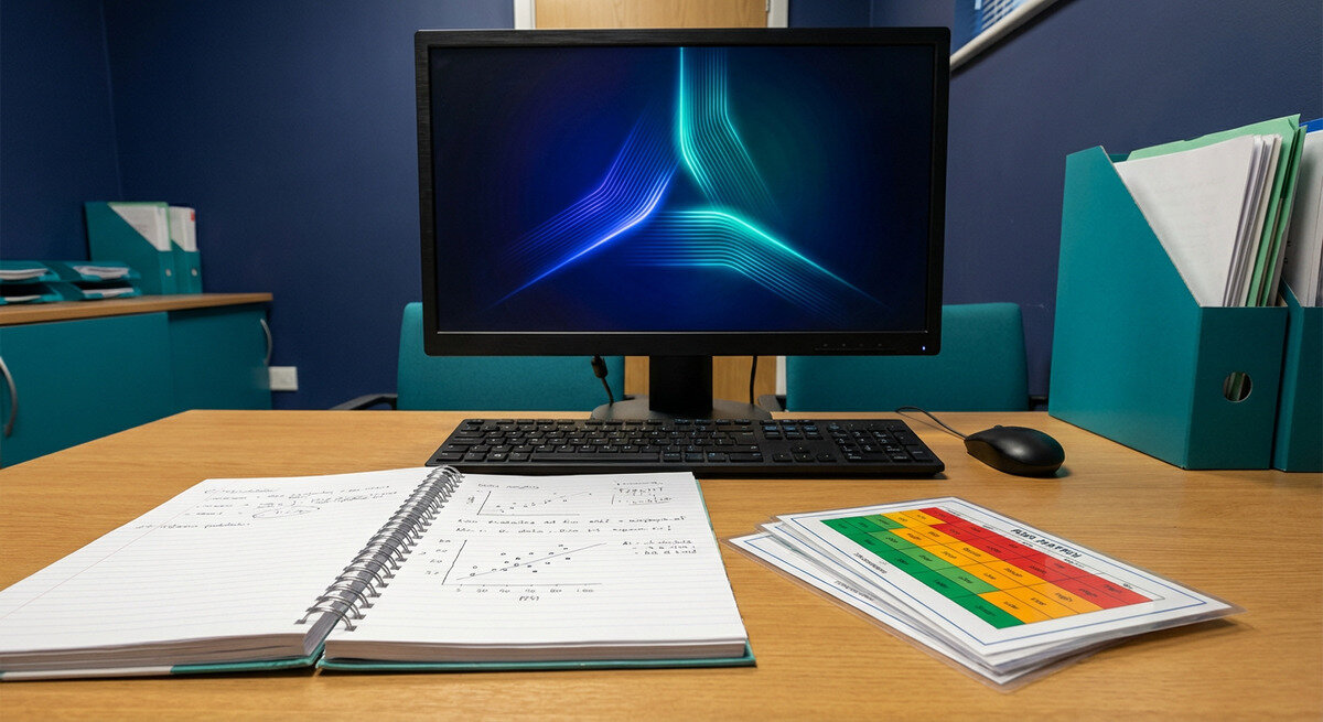 Risk monitoring workspace with triad convergence visuals