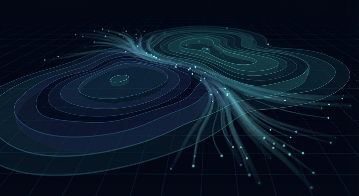 Abstract state field visualization showing layered contours and decay bands