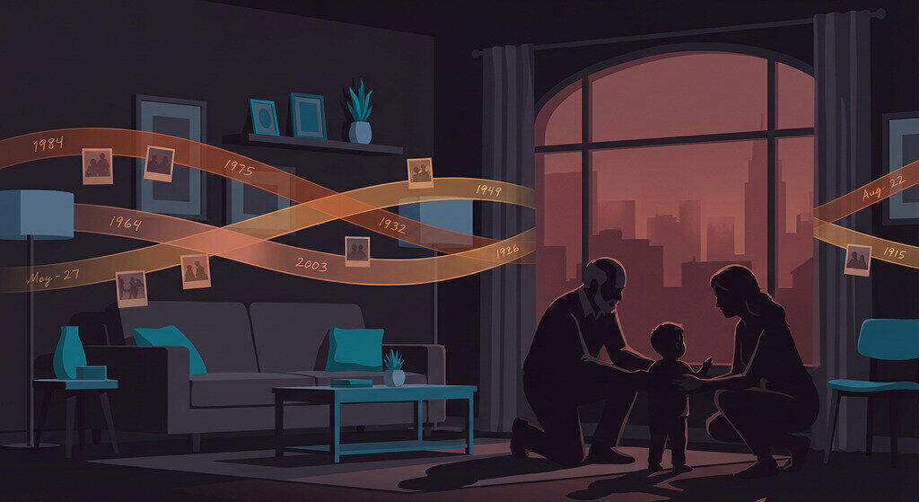 Three-generation family silhouette with overlapping timelines