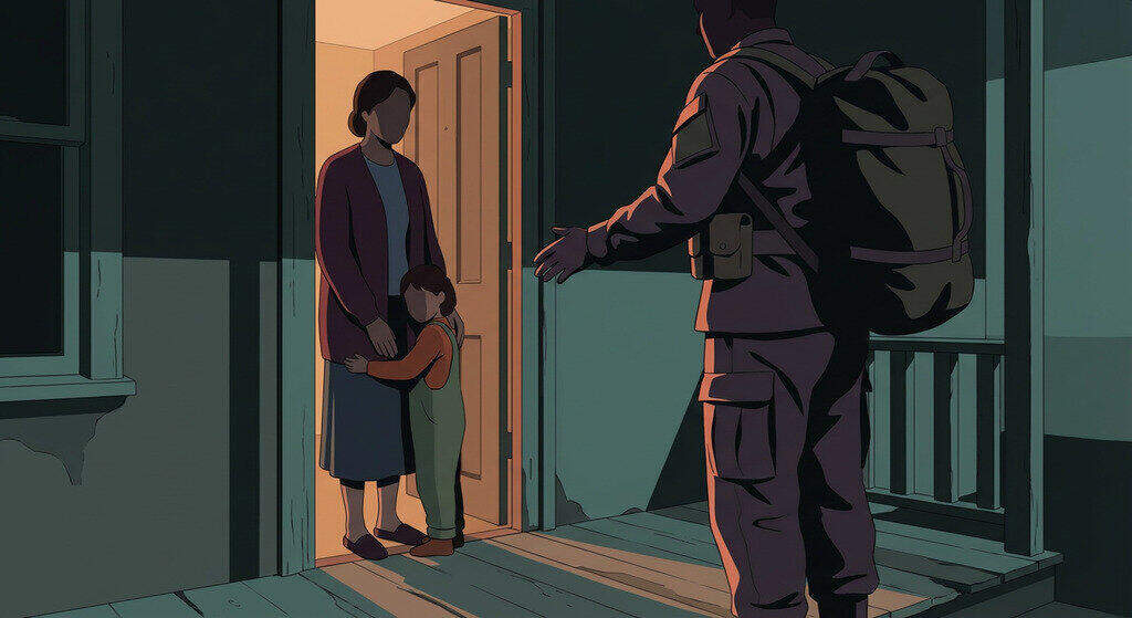 Soldier returning home to family doorway