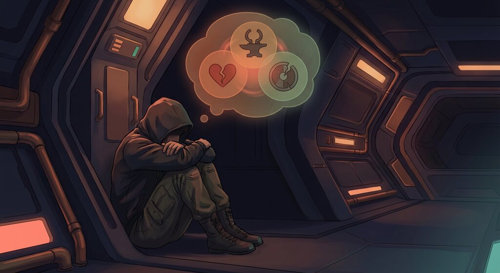 Isolated person with thought bubble showing converging risk factors