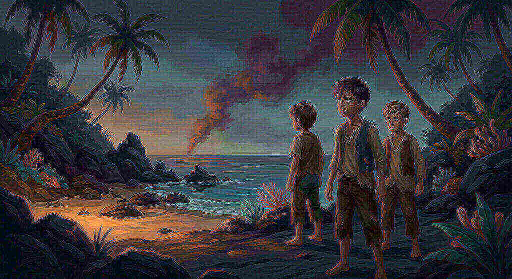 Isolated island shoreline with distant smoke signal