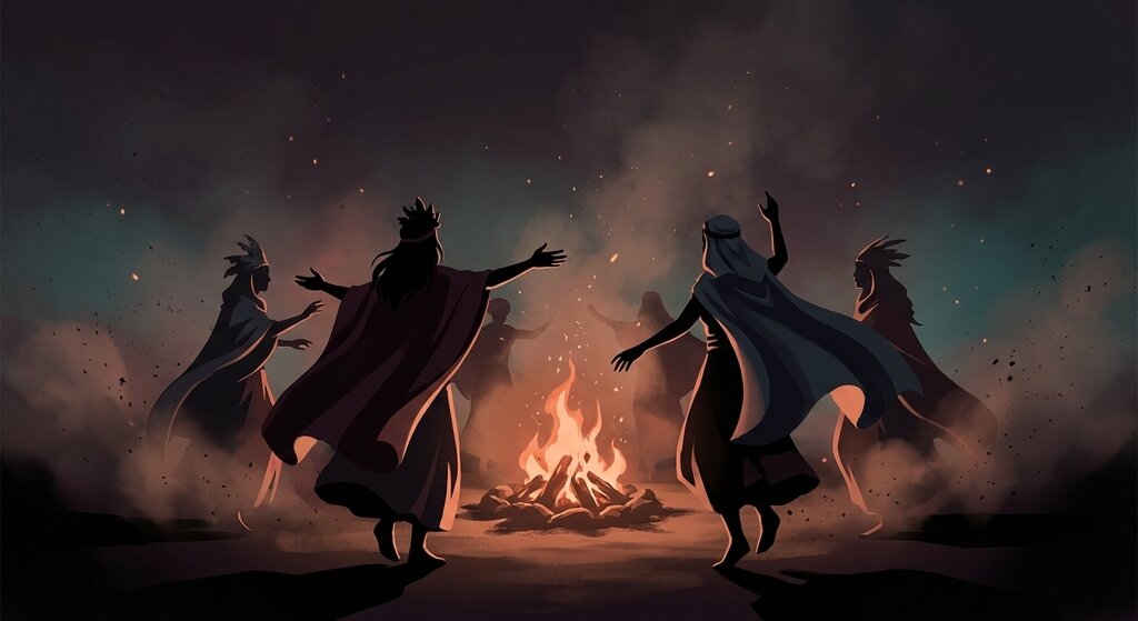 Nighttime ritual around fire with rising tension