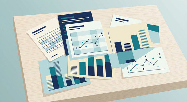 Research illustration with charts and papers