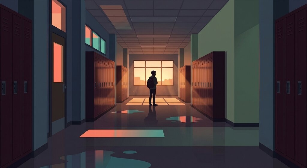 Empty school hallway with a lone student silhouette