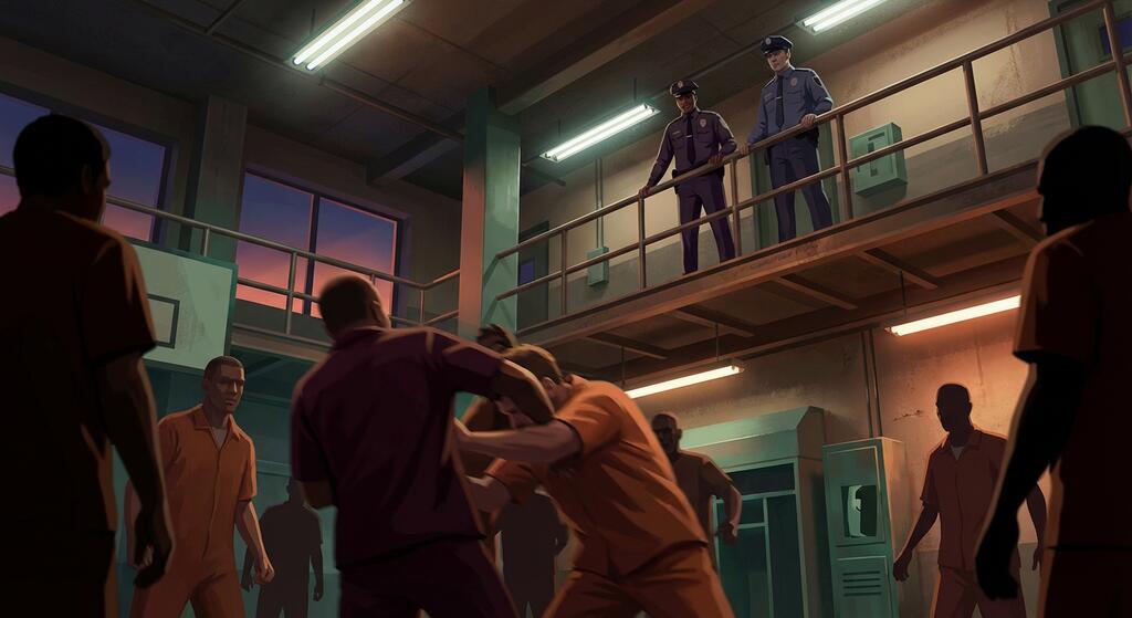 Inmates fighting while guards watch