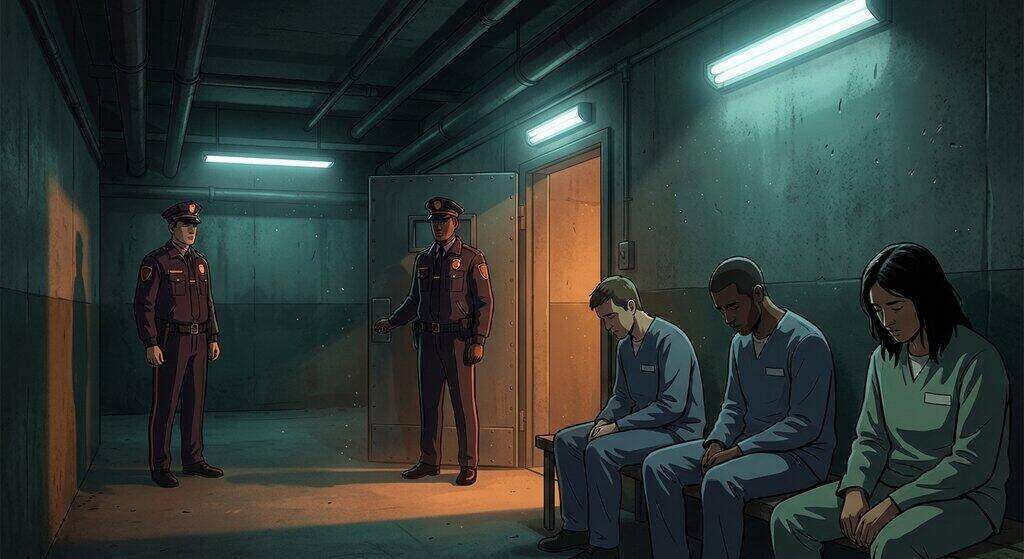 Basement corridor with guard uniforms and prisoner smocks