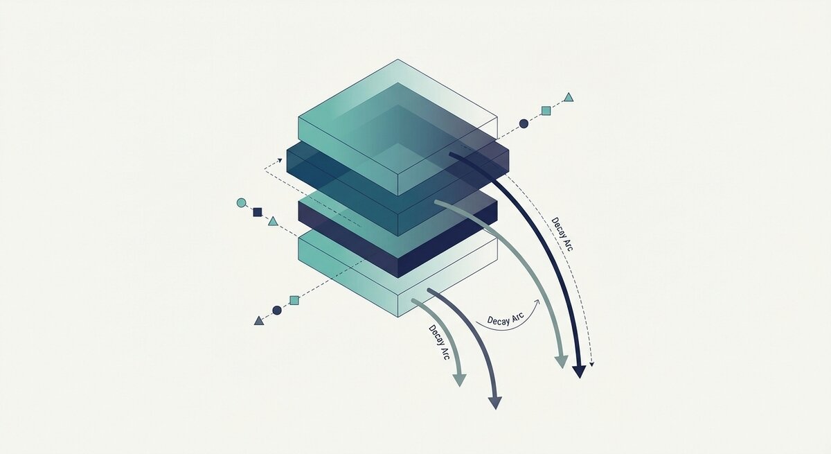 Layered abstract illustration representing base, delta, chronic delta, and decay