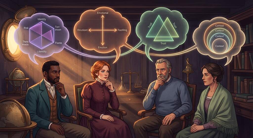 People with interconnected thought bubbles showing different psychological frameworks