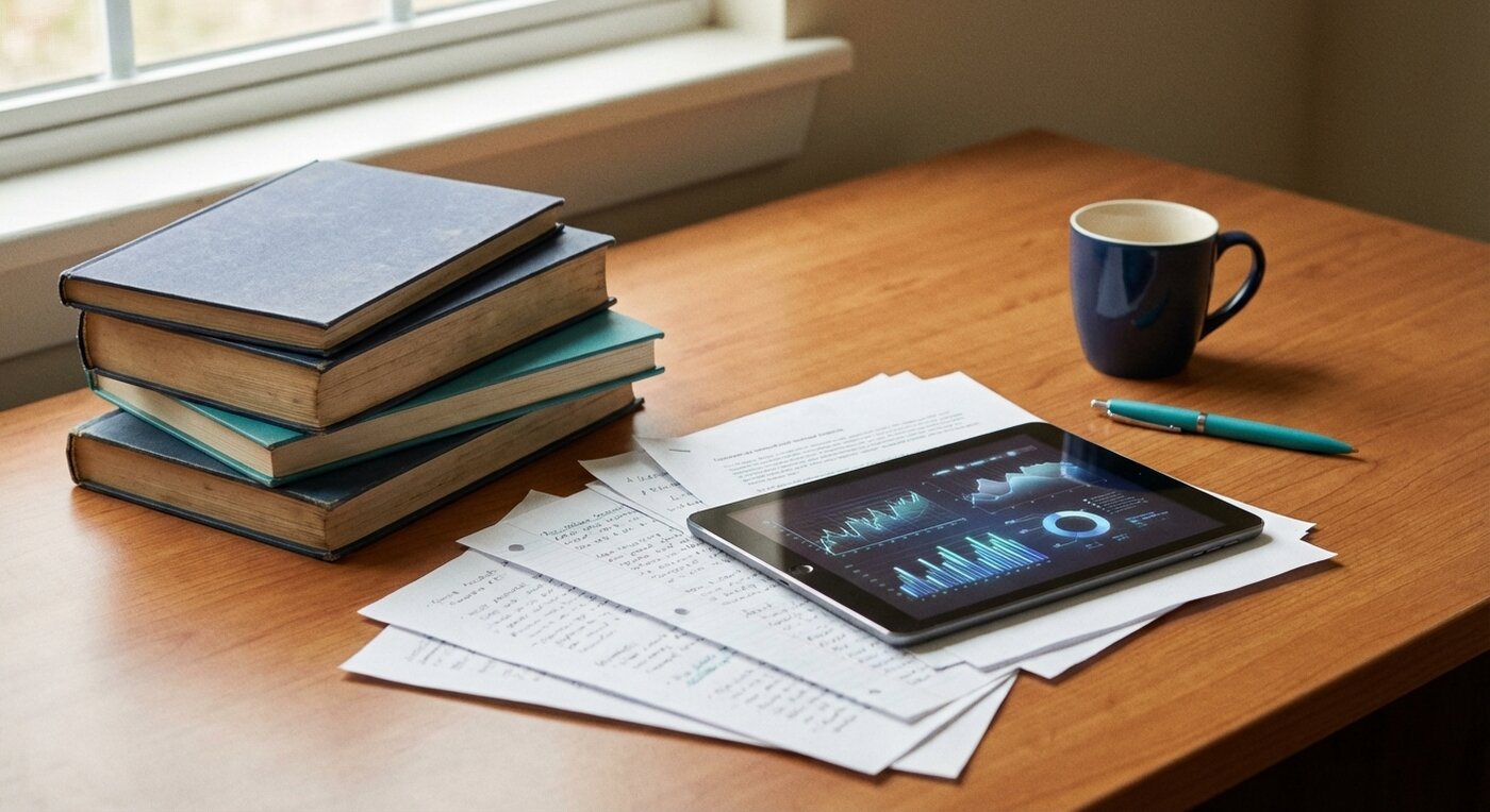 Academic books and research materials with abstract data visualization