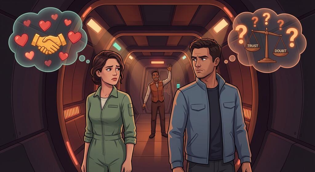 Illustration of agents with thought bubbles and trust links