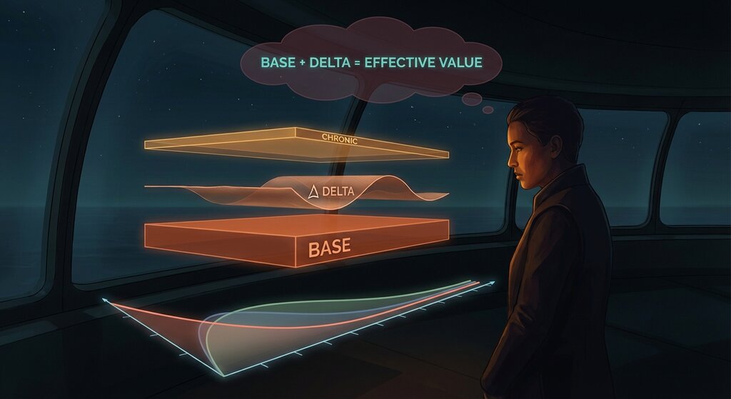 Person contemplating layered holographic display of psychological state components